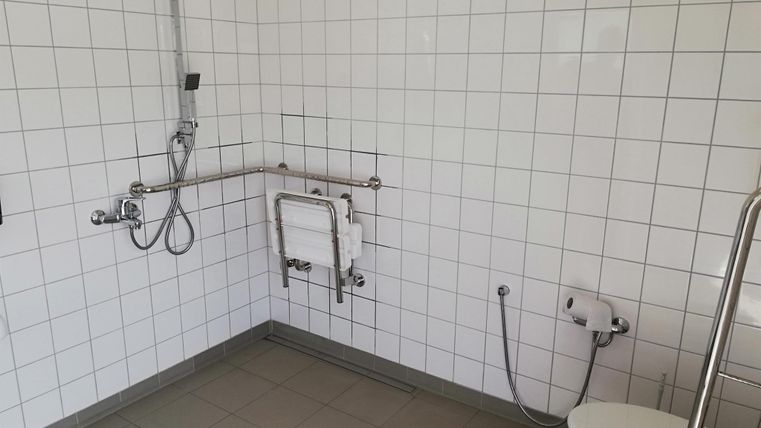 Een moderne badkamer met witte tegels. Het is uitgerust met een douche, een toilet en steunhandvatten.