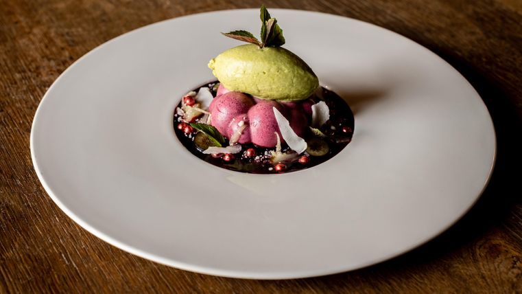 Een kunstzinnig gepresenteerd dessert op een witte schotel. Het bestaat uit verschillende bolletjes ijs en decoraties zoals kokosnoot en munt.