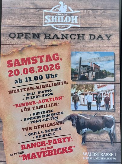 Ein Plakat für den Open Ranch Day mit Informationen über verschiedene Veranstaltungen. Es zeigt das Datum, Aktivitäten wie Bull Riding und eine Ranch-Party.