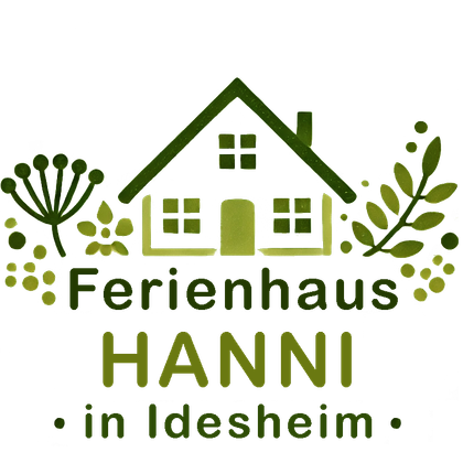 Ein stilisiertes Bild eines Hauses umgeben von Pflanzen. Der Text kündigt das Ferienhaus HANNI in Idesheim an.