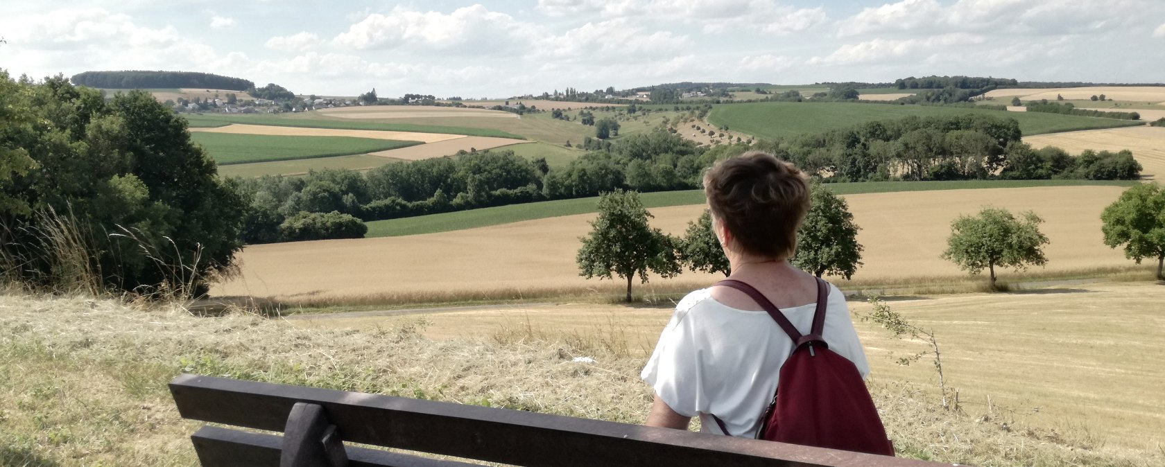Eine Person mit rotem Rucksack sitzt auf einer Bank und blickt auf eine weite Landschaft mit Feldern und Bäumen unter einem blauen Himmel., © TI Bitburger Land