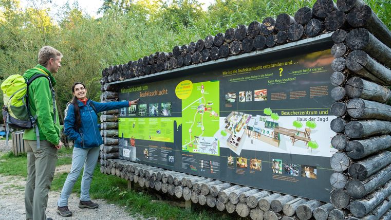 Een paar staat voor een informatiebord in het bos. Het bord toont een kaart en informatie over de omgeving en activiteiten.