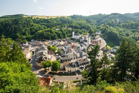 Een pittoreske stad omgeven door groene heuvels en bossen. De huizen zijn in verschillende kleuren en stijlen gerangschikt, wat een charmant beeld oplevert.