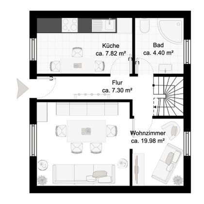 Un plan d'appartement avec cuisine, salle de bains, couloir et salon. Les pièces sont clairement structurées et marquées en fonction de leur taille.