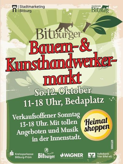 A poster for the farmers' and crafts market in Bitburg. The market takes place on Sunday, October 12th, from 11 AM to 6 PM, with special offers and music.