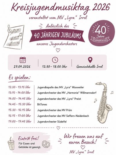 Ein Plakat für den Kreisjugendmusiktag 2026. Es zeigt das Programm und die Veranstaltungen des Jahrestages des Jugendorchesters.