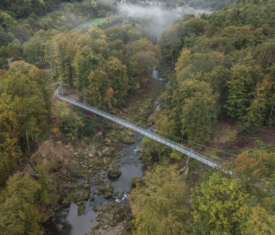 A bird's eye view of the suspension bridge over the Irrel waterfalls, the rapids of the Prüm., © Naturpark Südeifel, Thomas Urbany