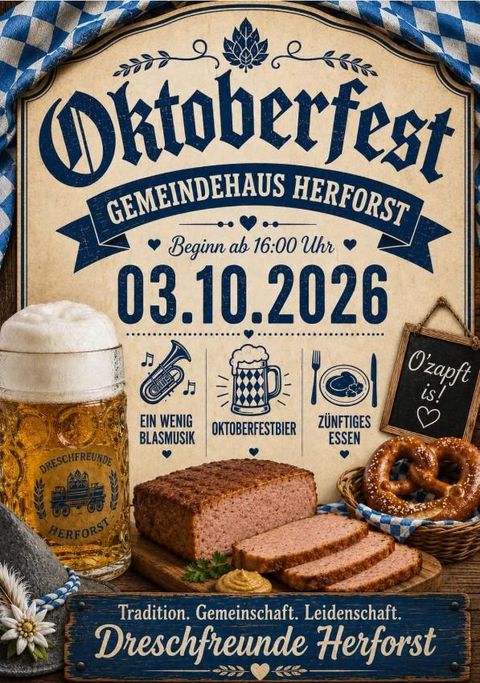 Ein Plakat für das Oktoberfest im Gemeindehaus Herforst. Es zeigt Bier, Brezeln und traditionelle Speisen sowie das Datum und die Uhrzeit der Veranstaltung.