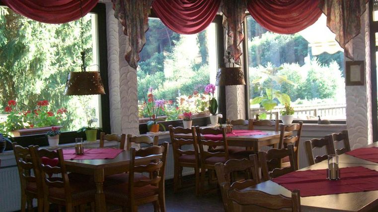 Un restaurant accueillant avec des tables et des chaises en bois. De grandes fenêtres offrent une vue sur le jardin avec des plantes colorées.