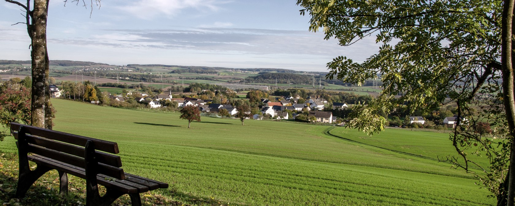 Eine Bank unter Bäumen bietet einen weiten Blick auf grüne Felder und das Dorf Dockendorf in der Ferne., © Tourist-Info Bitburger Land