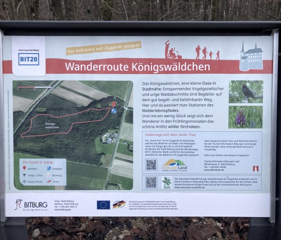 Starttafel der Wanderroute im K&ouml;nigsw&auml;ldchen Bitburg mit Karte, Infos zur Strecke und Natur. Geeignet f&uuml;r Rollst&uuml;hle mit Zugger&auml;t., &copy; TI Bitburger Land