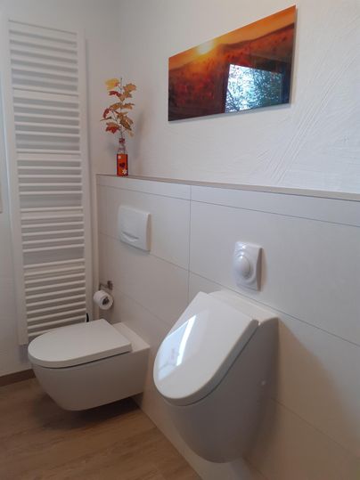 Une salle de bain moderne avec des toilettes suspendues et un lavabo élégant. Un tableau d'un coucher de soleil est accroché au mur, et il y a un radiateur sèche-serviettes.