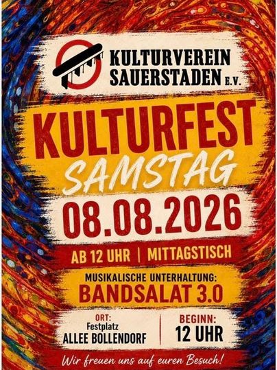 Ein farbenfrohes Plakat für ein Kulturfest mit verschiedenen Veranstaltungen. Die Daten und Aktivitäten sind klar aufgeführt, darunter Rockmusik und ein Mittagstisch.