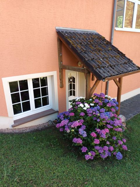 Eingangsbereich der Ferienwohnung mit einer Terrasse und einem Vordach. Bunte Hortensien blühen vor einem Fenster.