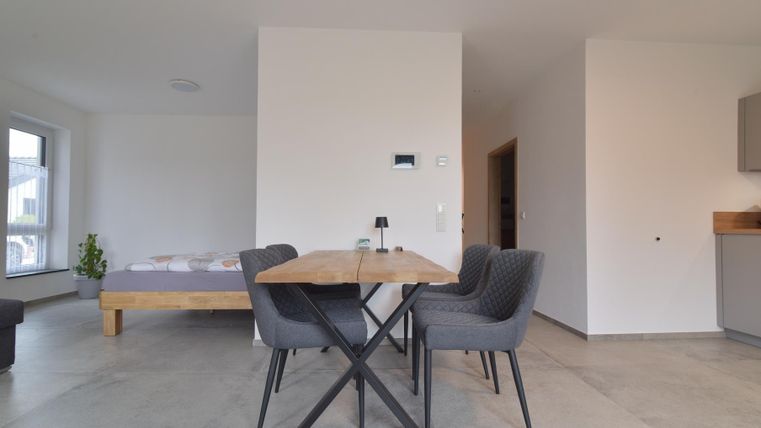 Een moderne woonkamer met een eettafel en stoelen. Op de achtergrond zijn een bed en een keuken zichtbaar.