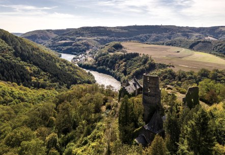 Blick auf Burg Falkenstein und die Our, © Eifel Tourismus GmbH, Dominik Ketz
