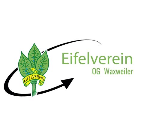 Ein Logo des Eifelvereins mit stilisierten Blättern und einem geschwungenen Pfeil. Der Text zeigt den Namen und die Ortsgruppe Waxweiler.