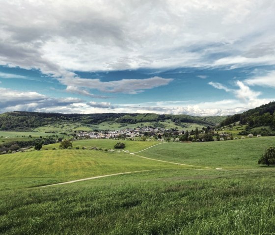 Panoramablick auf Holsthum, umgeben von grünen Feldern und Hügeln unter einem bewölkten Himmel. Ein Weg führt durch die Landschaft., © Felsenland Südeifel Tourismus, Anna Carina Krebs