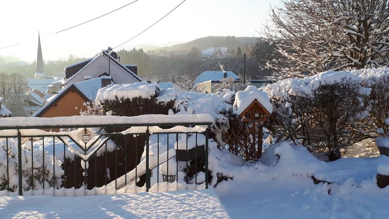 A snowy landscape with houses and trees. The sky is clear and the sun is shining over the winter scene.