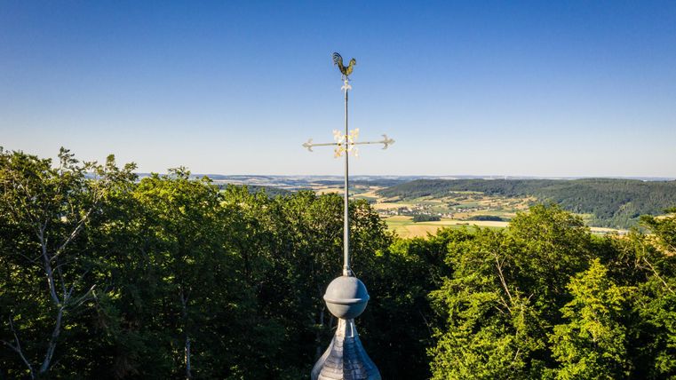 Ein Blick auf einen Wetterhahn auf einem Kirchturm, umgeben von Bäumen. Im Hintergrund erstreckt sich eine weite Landschaft unter klarem Himmel.