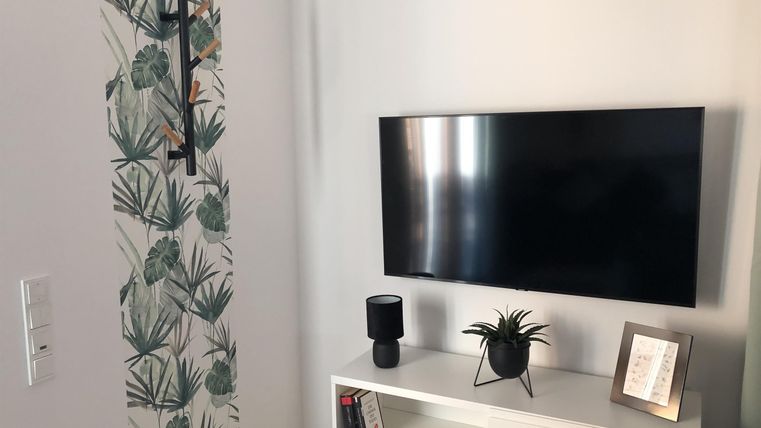 Ein modernes Wohnzimmer mit einem Fernseher an der Wand. Neben dem TV-Möbel stehen eine kleine Lampe und eine Pflanze.