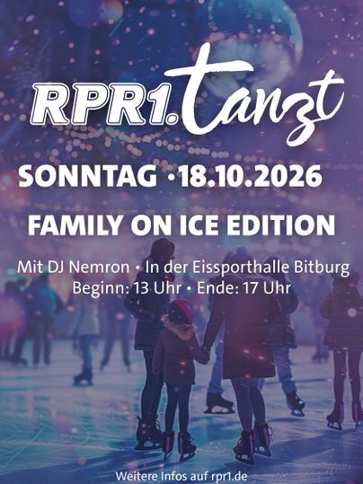 Ein Veranstaltungshinweis für das Event "Family on Ice Edition". Es findet am 18.10.2026 in der Eissporthalle Bitburg statt, mit DJ Nemron und läuft von 13 bis 17 Uhr.