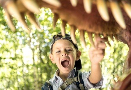 Ein Junge unter einem Dinosauriermodell mit geöffnetem Maul, zeigt auf die Zähne. Im Hintergrund sind Bäume.
