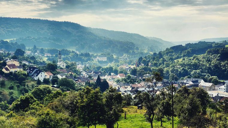 Eine malerische Aussicht auf ein grünes Tal mit einer kleinen Stadt im Hintergrund. Sanfte Hügel und eine ruhige Atmosphäre prägen die Landschaft.