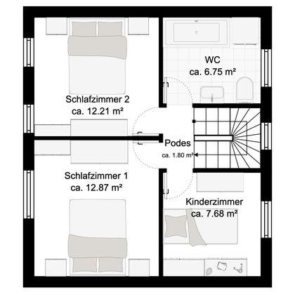 Un dessin de plan d'une maison avec trois chambres, une salle de bain et un palier. Les tailles des pièces sont indiquées.