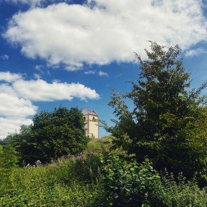 Ein schöner Aussichtspunkt mit einem alten Gebäude, umgeben von Bäumen und dichten Pflanzen. Der Himmel ist blau mit einigen Wolken.