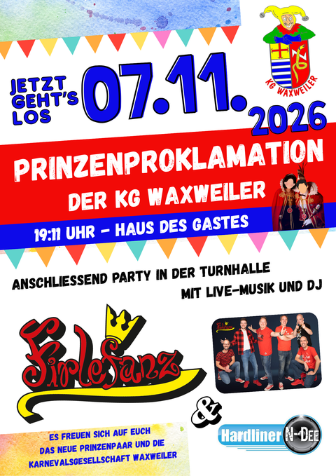 Ein farbenfrohes Plakat für die Prinzenproklamation am 21.11.2025. Es gibt eine Party in der Turnhalle mit Live-Musik und DJ, Eintritt 8 Euro.