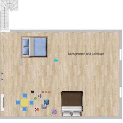 A well-designed attic space with a bedroom and a play area. There is a bed, a play table, and various toys on the floor.