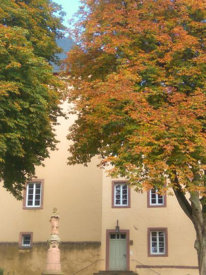 Een historisch gebouw met een gele gevel en kleurrijke bomen in de herfst. Op de voorgrond staat een klein standbeeld.