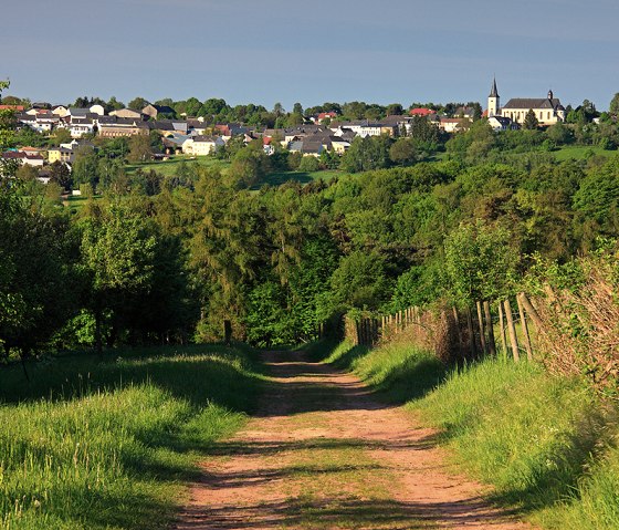 Ein Weg führt durch grüne Wiesen zu einem Dorf mit Kirche, umgeben von üppiger Vegetation unter blauem Himmel., © Naturpark Südeifel, Charly Schleder
