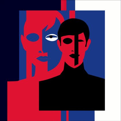 Eine moderne, grafische Illustration von zwei Gesichtern in kontrastreichen Farben. Die linke Figur ist rot und die rechte schwarz mit blauen und weißen Hintergründen.
