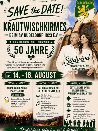Ein Plakat für die Krautwischkirmes beim SV Dudeldorf von 1923 e.V. mit Informationen zu den Feierlichkeiten vom 14. bis 16. August. Das Event feiert 50 Jahre Tischtennis und bietet ein Wochenende voller Musik, Tradition und Spaß.