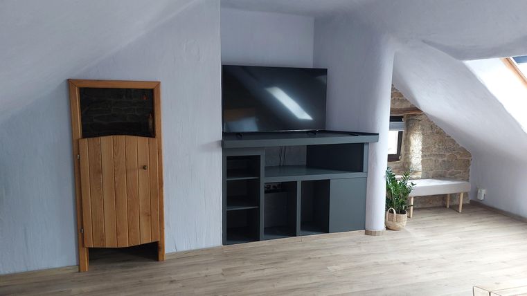Een moderne kamer op de zolder met een grote televisie en een elegante televisie stander. Tegen een muur staat een houten kast en een plant zorgt voor een gezellige sfeer.