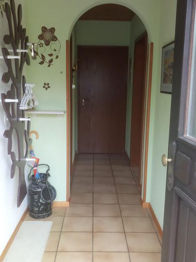 Un couloir accueillant avec une porte ouverte et un élément mural vert. À droite, des portes mènent à d'autres pièces, le plafond est en bois.