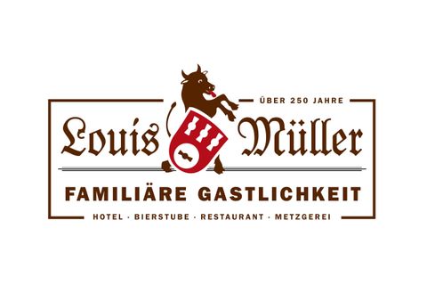 Ein Logo von Louis Müller, das die familiäre Gastlichkeit betont. Es zeigt über 250 Jahre Tradition im Hotel, der Diele und der Metzgerei.