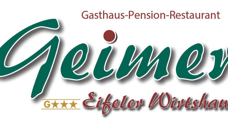 Un logo pour l'auberge Geimer, qui est aussi une pension et un restaurant. Sous le nom se trouve "Eifeler Wirtshaus" et trois étoiles sont représentées.