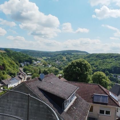 Einmaliger Ausblick über ein grünes Tal mit sanften Hügeln und Wolken am blauen Himmel. Die Dächer der Häuser im Vordergrund sind gut sichtbar.