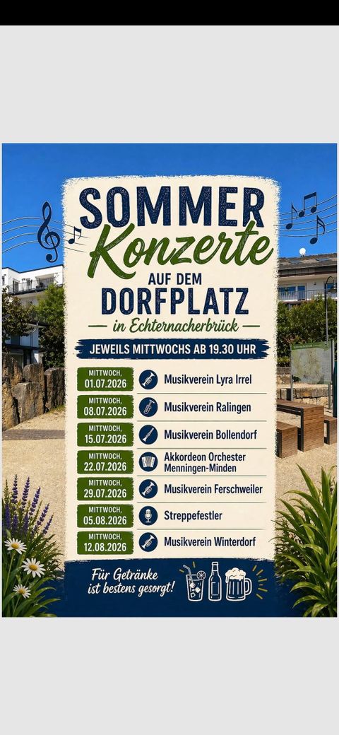 Ein Plakat für die Sommerkonzerte in Echternacherbrück. Es zeigt die Termine und teilnehmenden Musikvereine sowie Informationen zur Veranstaltung.