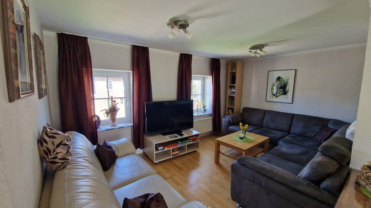A cozy living room with two sofas, a television, and a wooden table. Bright windows create an inviting atmosphere.