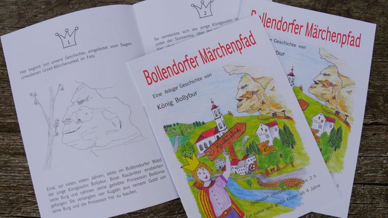 Pages du livre de coloriage du sentier des contes de Bollendorf avec des dessins et du texte.