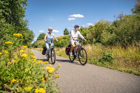 Zwei Radfahrer fahren auf einem Weg durch die Natur. Die Umgebung ist grün mit Blumen und der Himmel ist blau und klar.