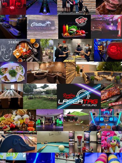 Une offre de loisirs variée avec des activités comme le bowling, le billard et le laser game. Les images montrent une atmosphère détendue, de la nourriture et du plaisir dans un cadre moderne.